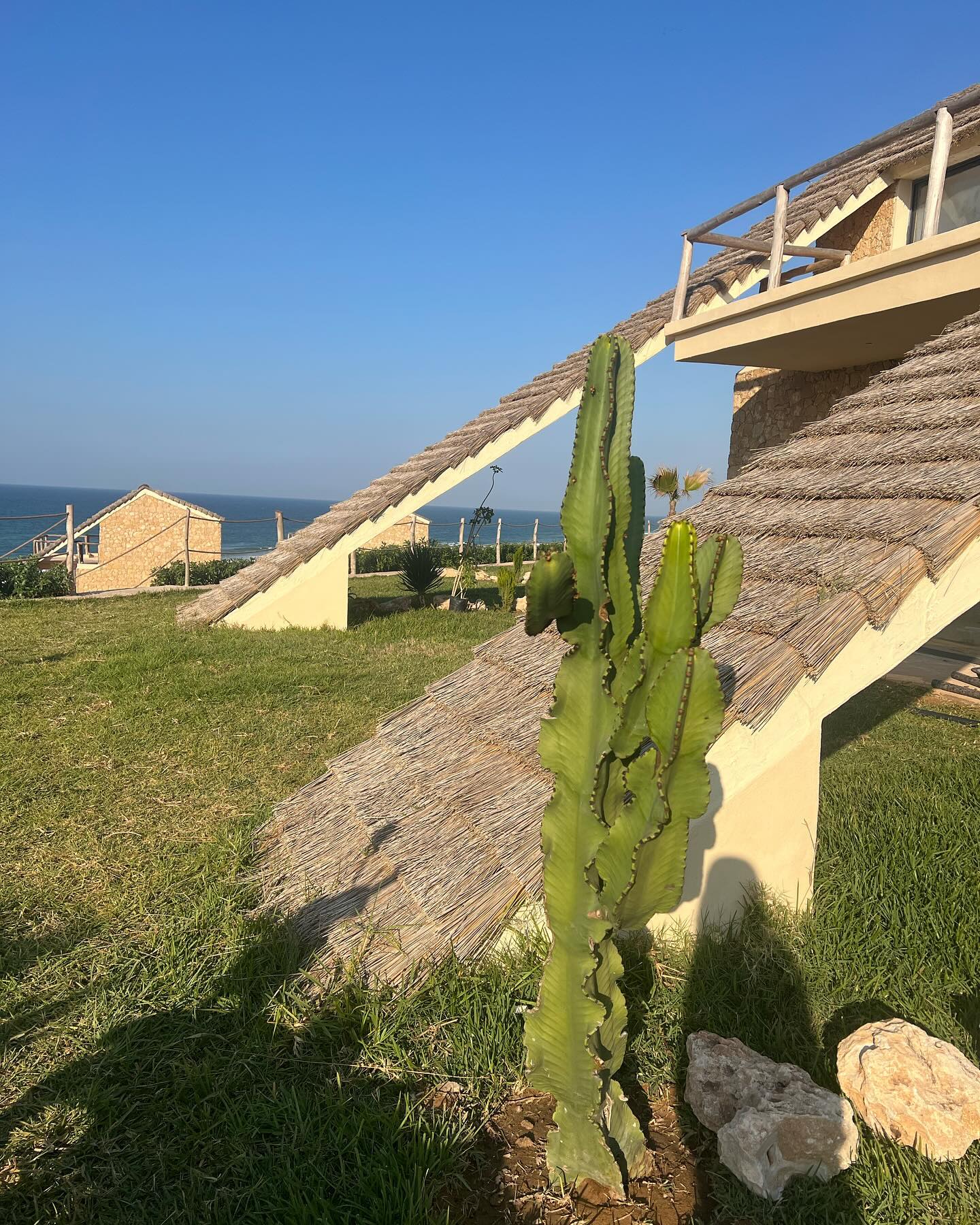 Cottages en pierre et toits de chaume d'Ocean Cliff Ecolodge, face à l'océan
