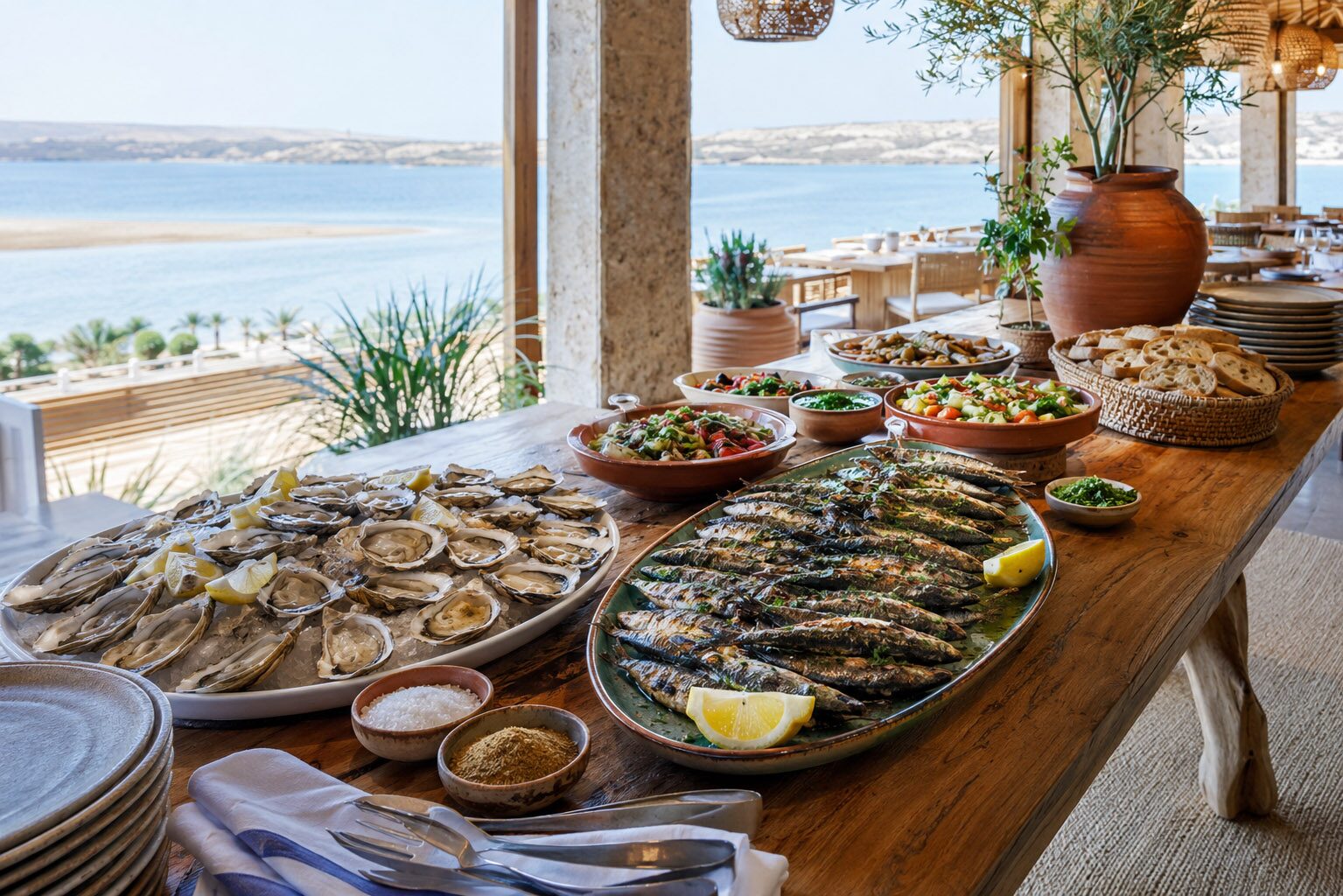 Sardines grillées et huîtres fraîches, table dressée face à l'eau