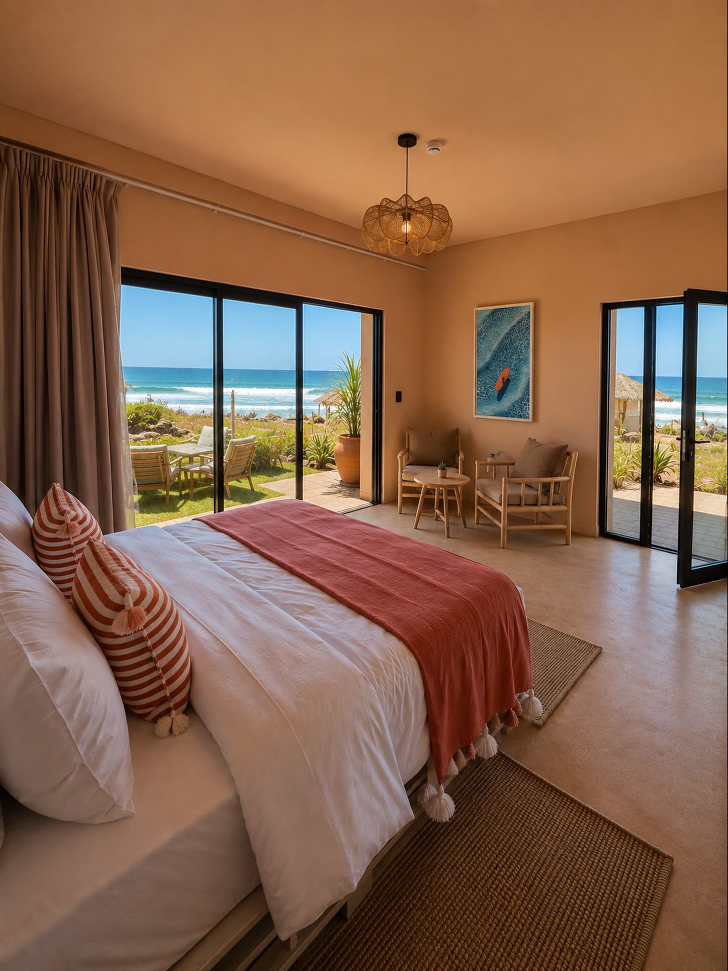 Chambre Standard, grande baie vitrée ouverte sur l'océan