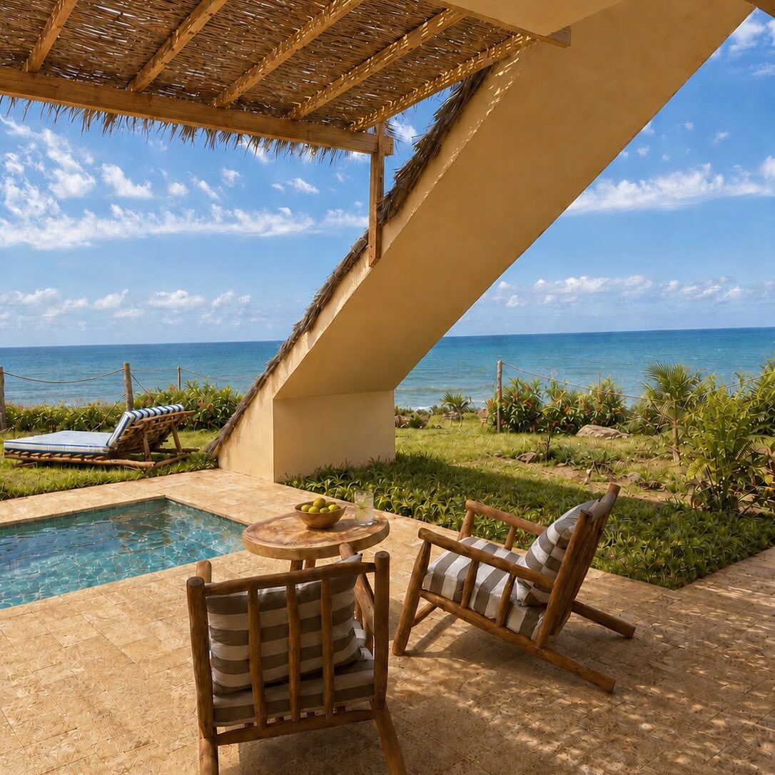 Terrasse ombragée et piscine privée face à l'océan